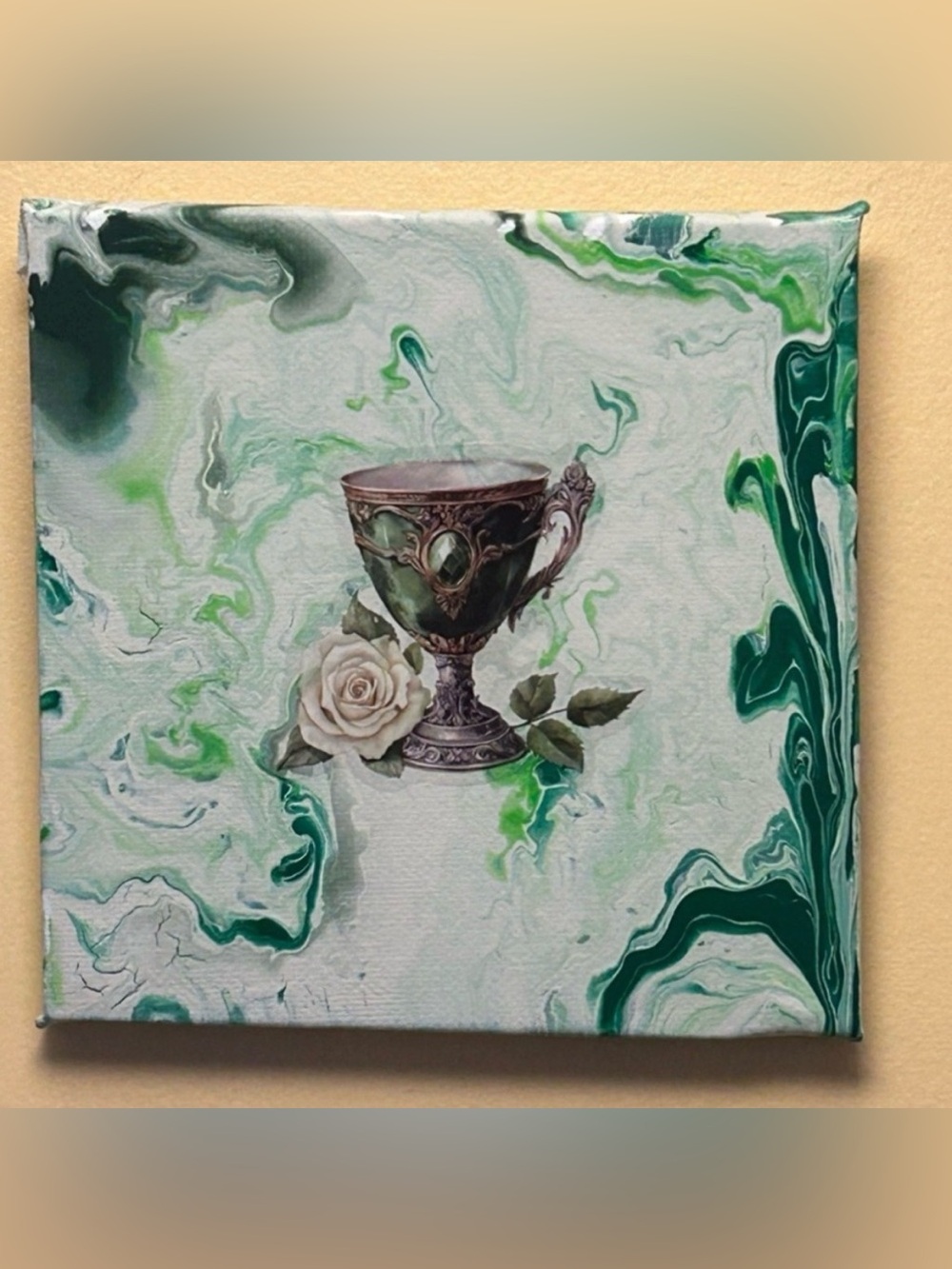 Original Green Marble Chalice with White Rose Painting 5x5